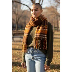 SVNX Orange & Brown Plaid Fringed Polyester Scarf